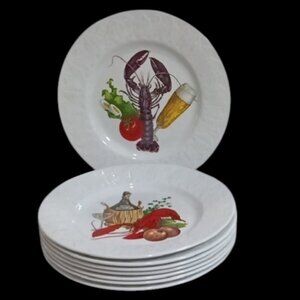 Vintage MCM Ironstone 10" Dinner Plates Spanish Crown Pontesa Design Set of 8